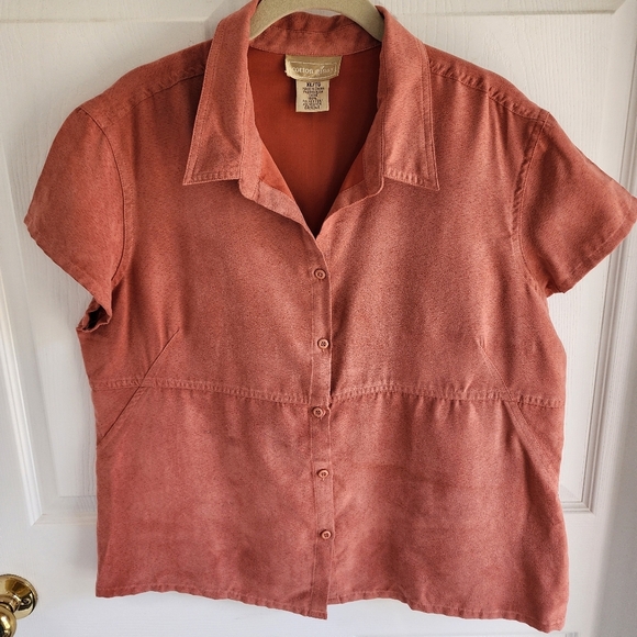 VINTAGE COTTON Ginny ULTRA SUEDE Rust Coloured Short Sleeve Button Down Shirt XL - Picture 1 of 5